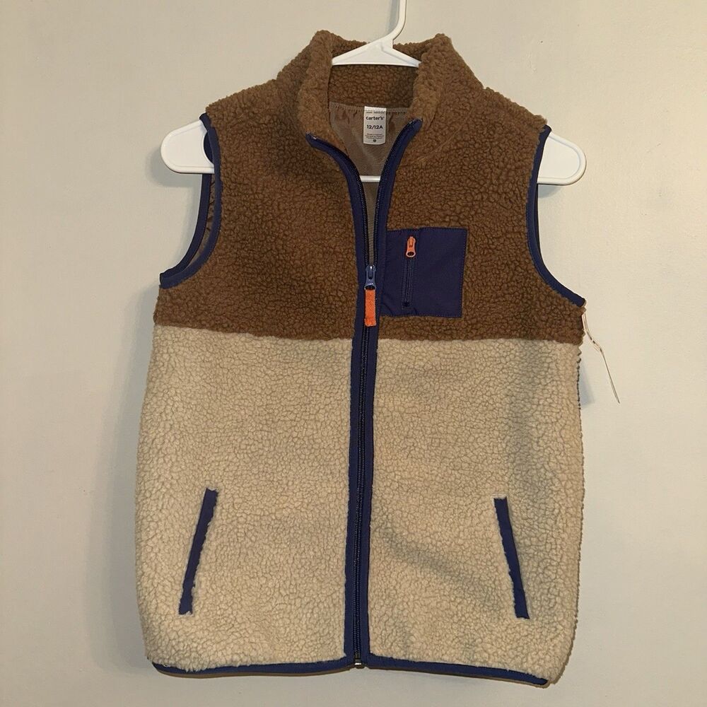 Carter's Boys Fleece Vest Brown Cream Zip Size 12 Colorblock Gorpcore